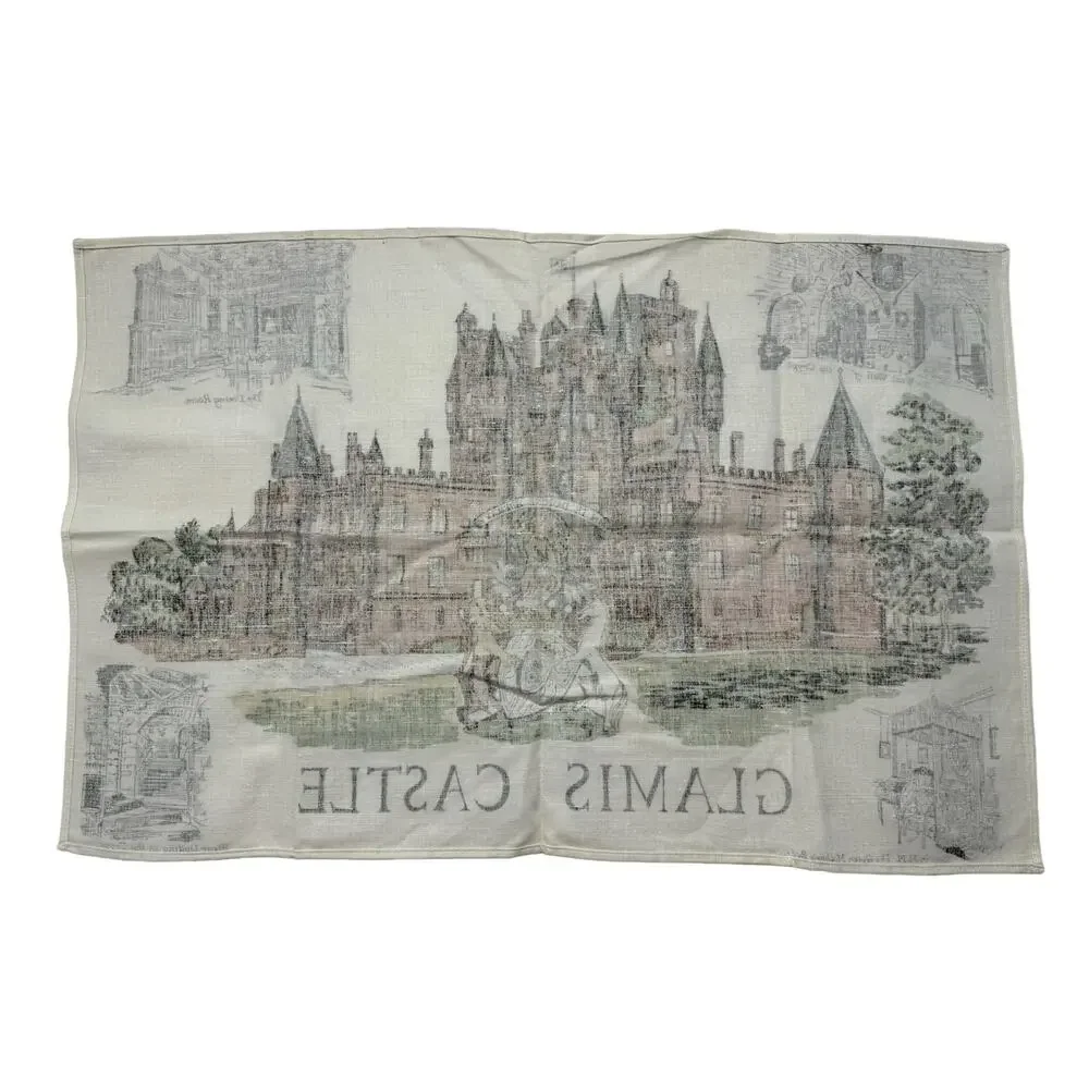 Vintage Glamis Castle Scotland Tea Towel Dishcloth UK Linen Union Brown Green